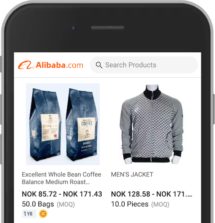 Screenshot from Alibaba on a phone, showing two products – coffee and jacket.