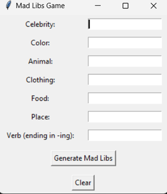 Mad Libs Game Mad Libs Game